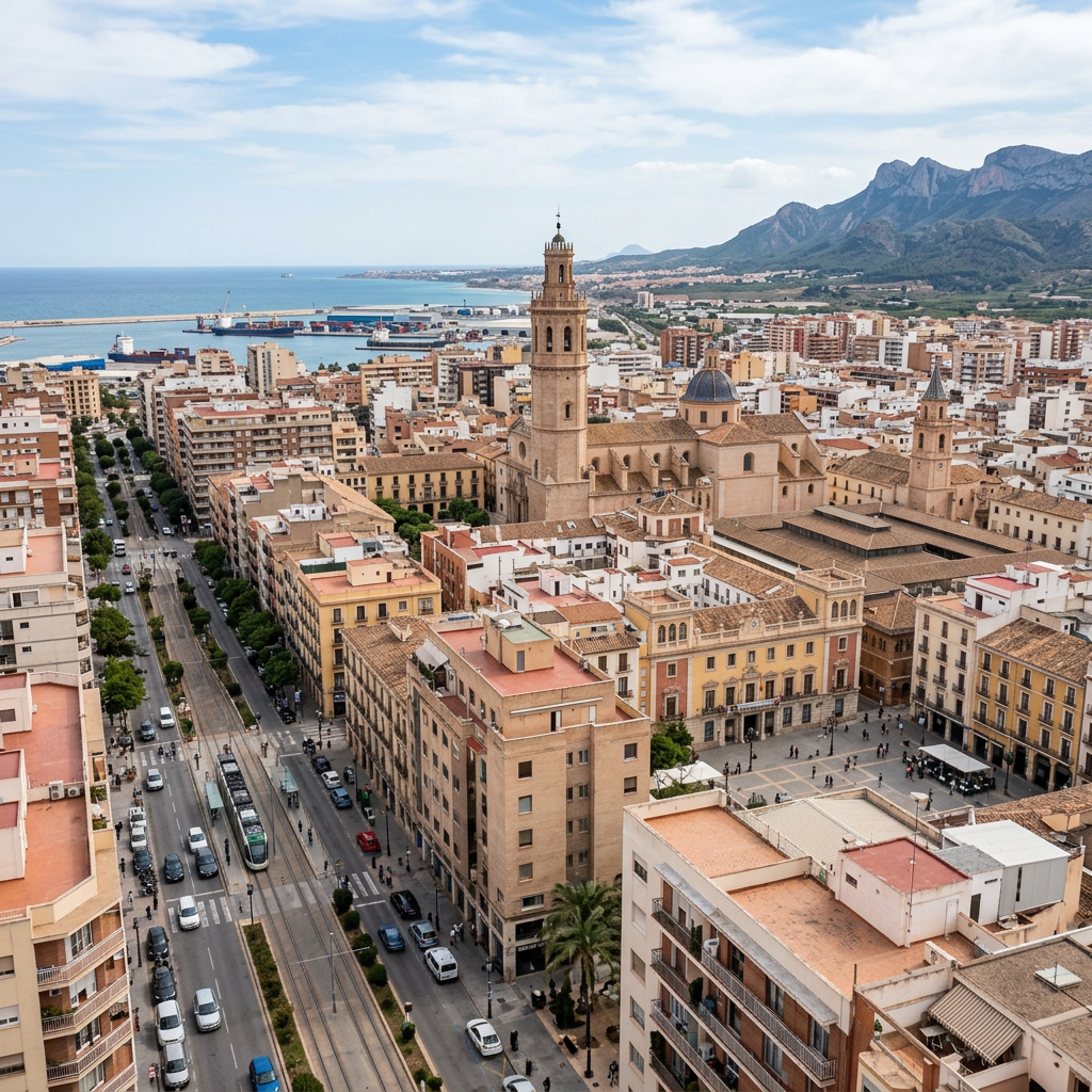 Aerial view of a coastal city with historic church, harbor, and mountains