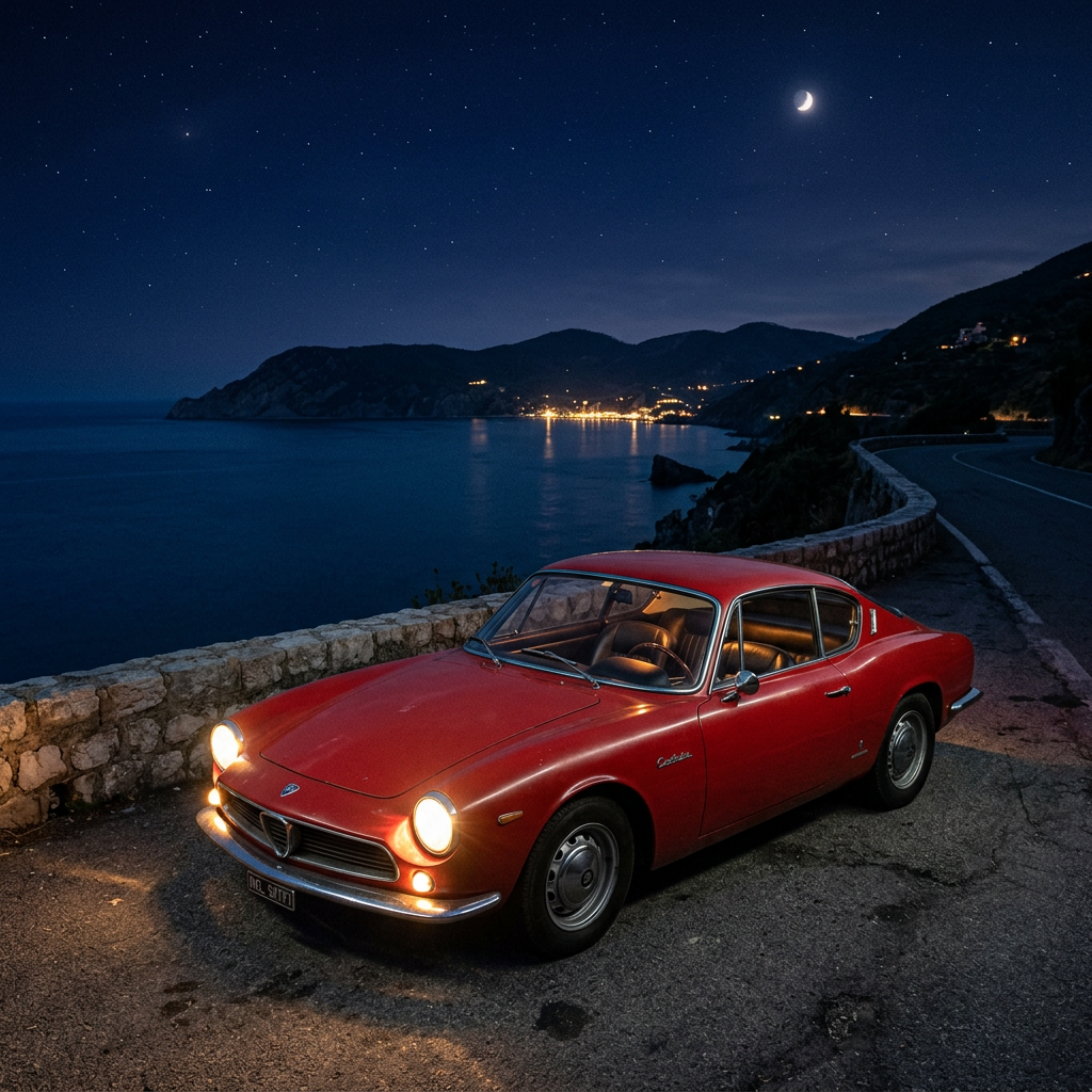 Red vintage Alfa Romeo parked on a coastal road at night
