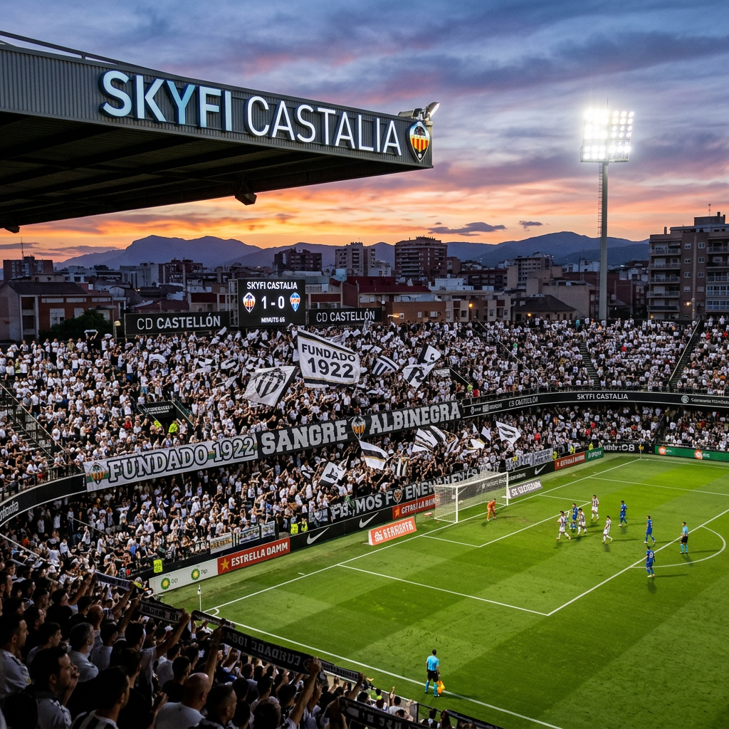 Packed Skyfi Castalia stadium during a 1–0 football match at sunset